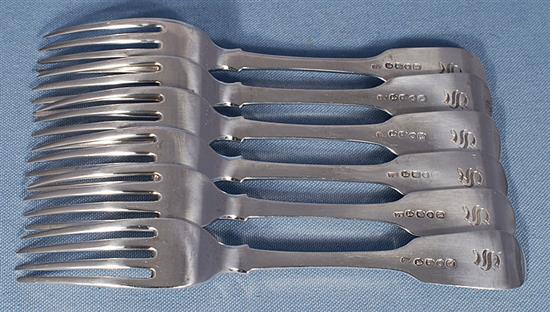A set of six George IV silver fiddle pattern table forks, by Randall Chatterton, Length 202mm, weight 13.9oz/434grms
